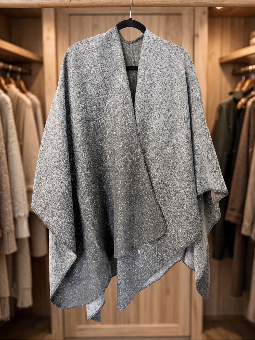 Gray Knit Shawl Wrap Poncho Open Front Cozy Draped One Size
